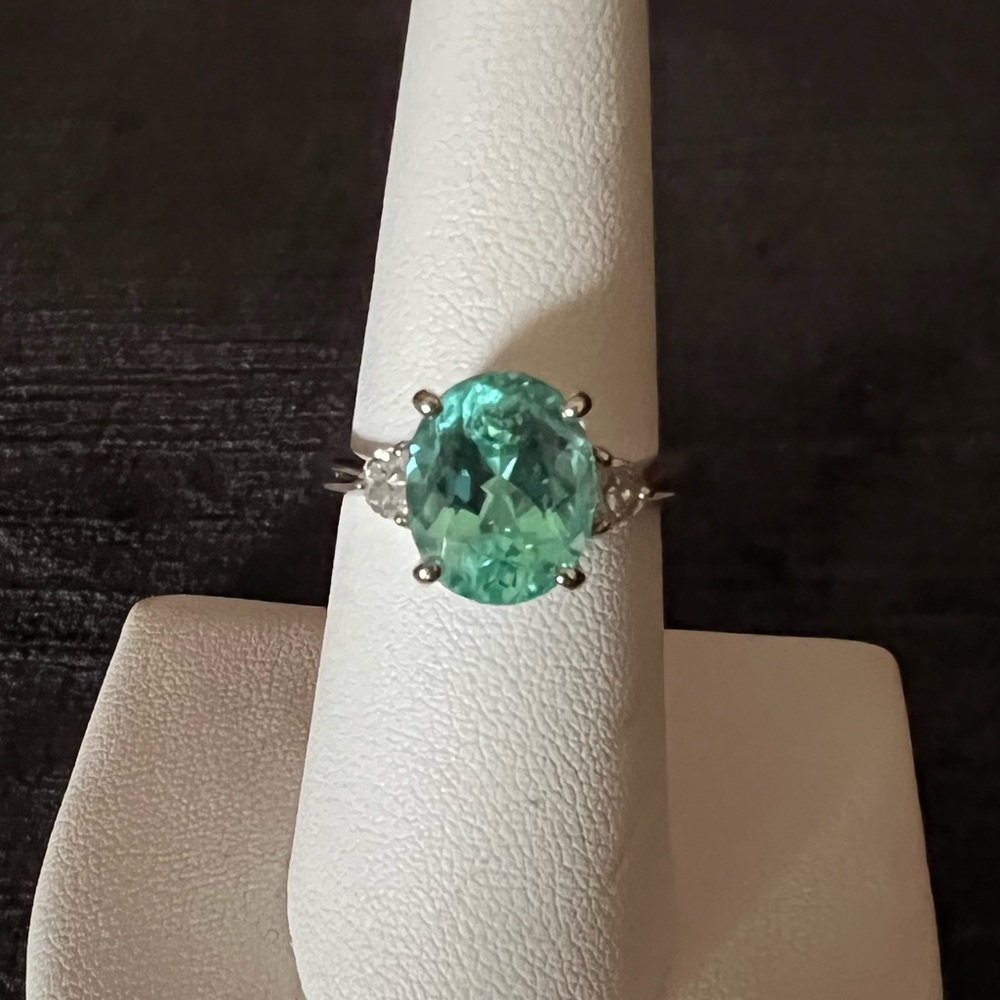 3.99 ct.  PARAIBA TOURMALINE colorless Half moon cut DIAMONDS 950 PLATINUM ring - Picture 8 of 17